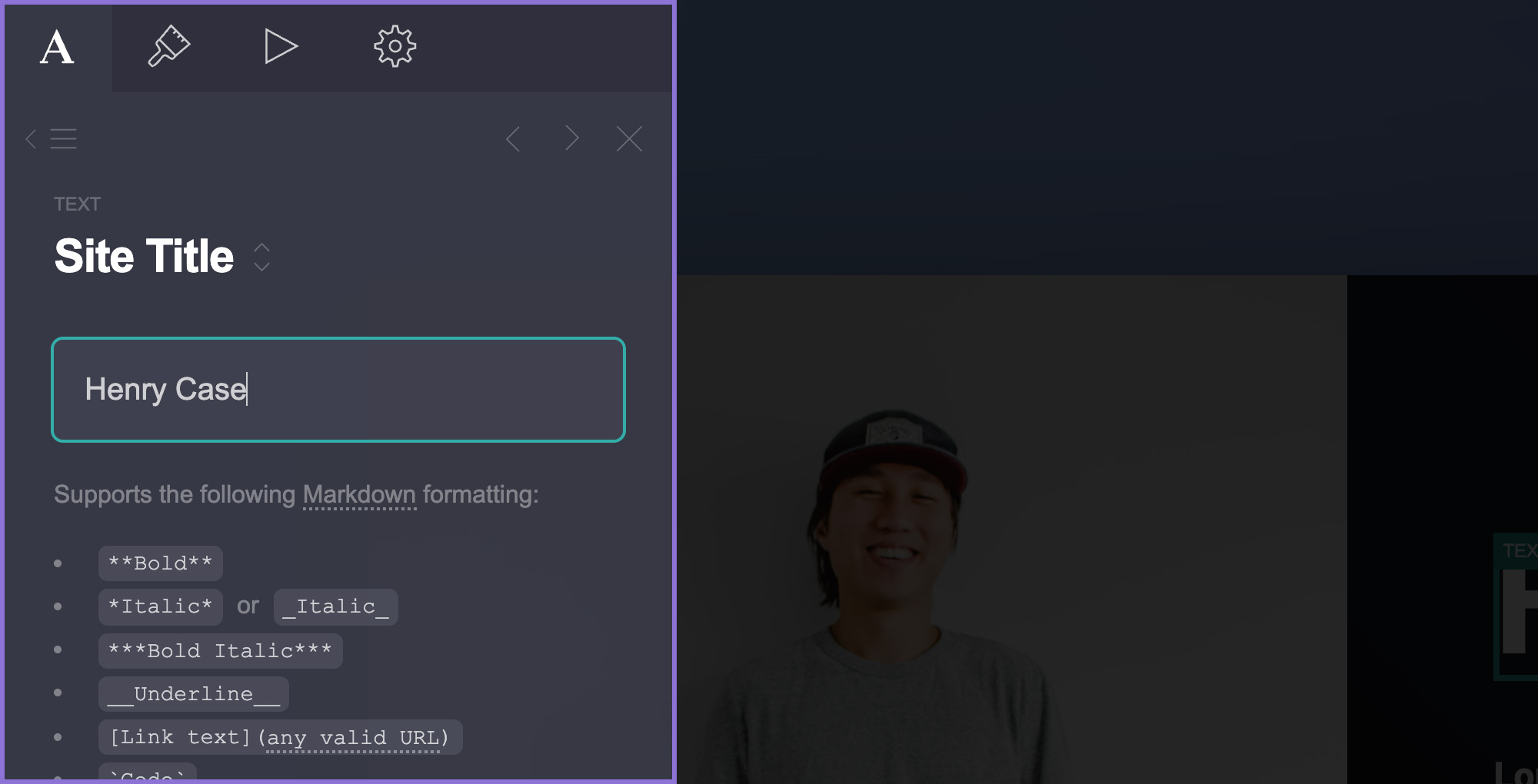 Carrd editor properties panel showing text element settings