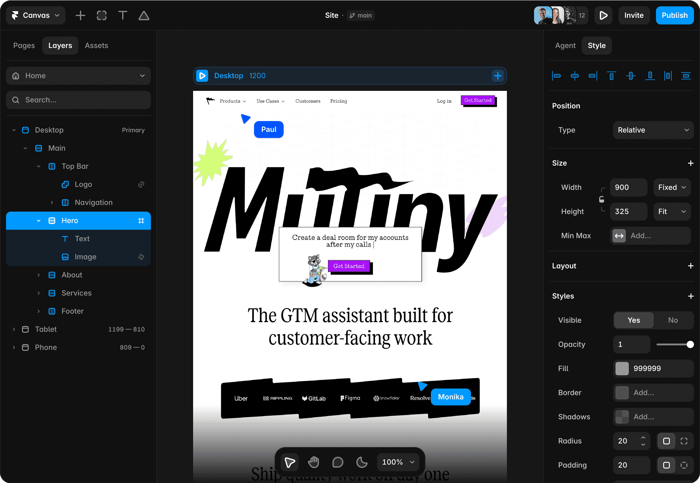 Framer canvas with a landing page, layers and responsive editing controls
